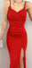 Elegant Jersey Spaghetti Straps Mermaid Side Slit Red Long Bridesmaid Dresses Online, BG636