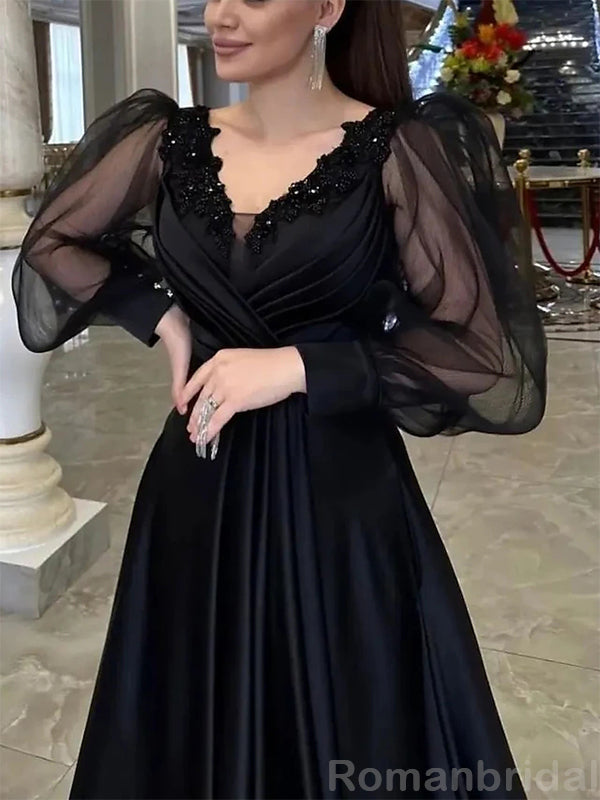Elegant Long Sleeves V-neck Black Tulle A-line Evening Prom Dress Online, OL195