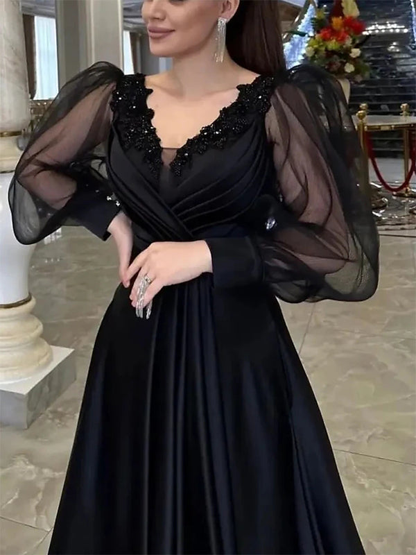 Elegant Long Sleeves V-neck A-line Satin Black Long Prom Dress Online, OL272