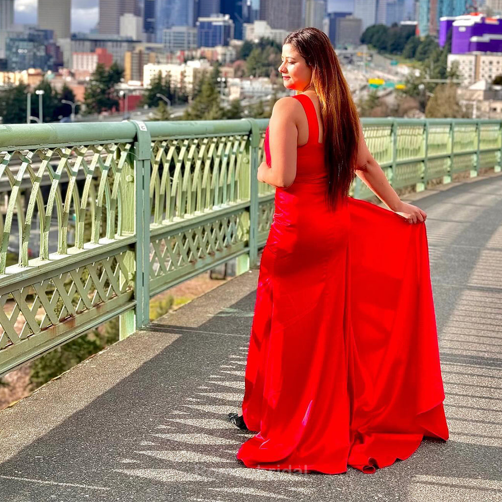 Elegant One Shoulder Mermaid Side Slit Red Long Satin Bridesmaid Dresses Online, BG454