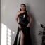 Elegant One Shoulder Mermaid Side Slit Black Satin Bridesmaid Dresses with Trailing, BG423