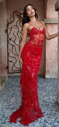 Sexy Spaghetti Straps Mermaid V-neck Illusion Red Long Evening Prom Dress Online, OL149