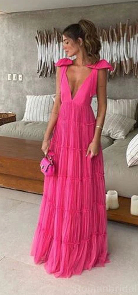 Elegant Straps A-line V-neck Tulle Fuchsia Long Evening Prom Dress Online, OL150