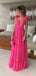 Elegant Straps A-line V-neck Tulle Fuchsia Long Evening Prom Dress Online, OL150