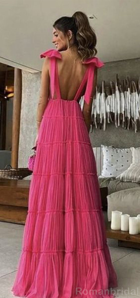 Elegant Straps A-line V-neck Tulle Fuchsia Long Evening Prom Dress Online, OL150