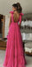 Elegant Straps A-line V-neck Tulle Fuchsia Long Evening Prom Dress Online, OL150