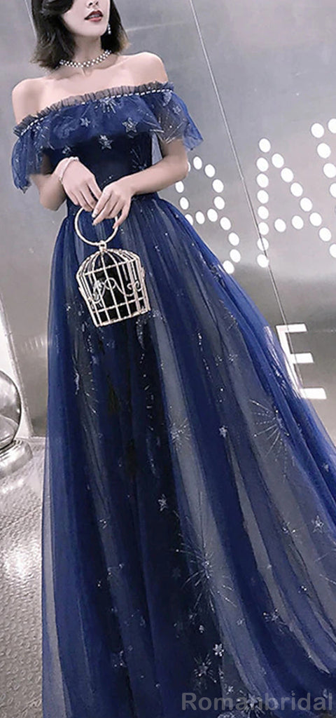 Elegant Off the Shoulder A-line Tulle Long Evening Prom Dress Online, OL197