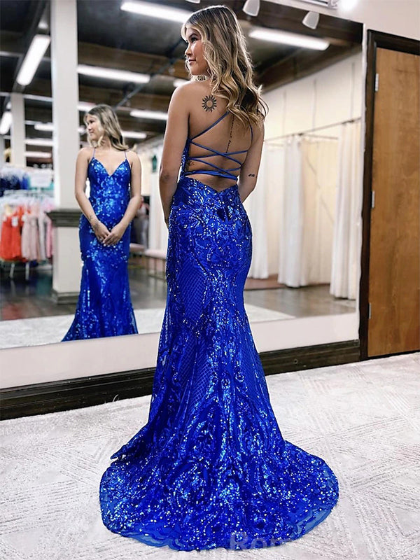 Elegant Spaghetti Straps Mermaid V-neck Royal Blue Evening Prom Dress Online, OL196