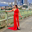 Elegant One Shoulder Mermaid Side Slit Red Long Satin Bridesmaid Dresses Online, BG454