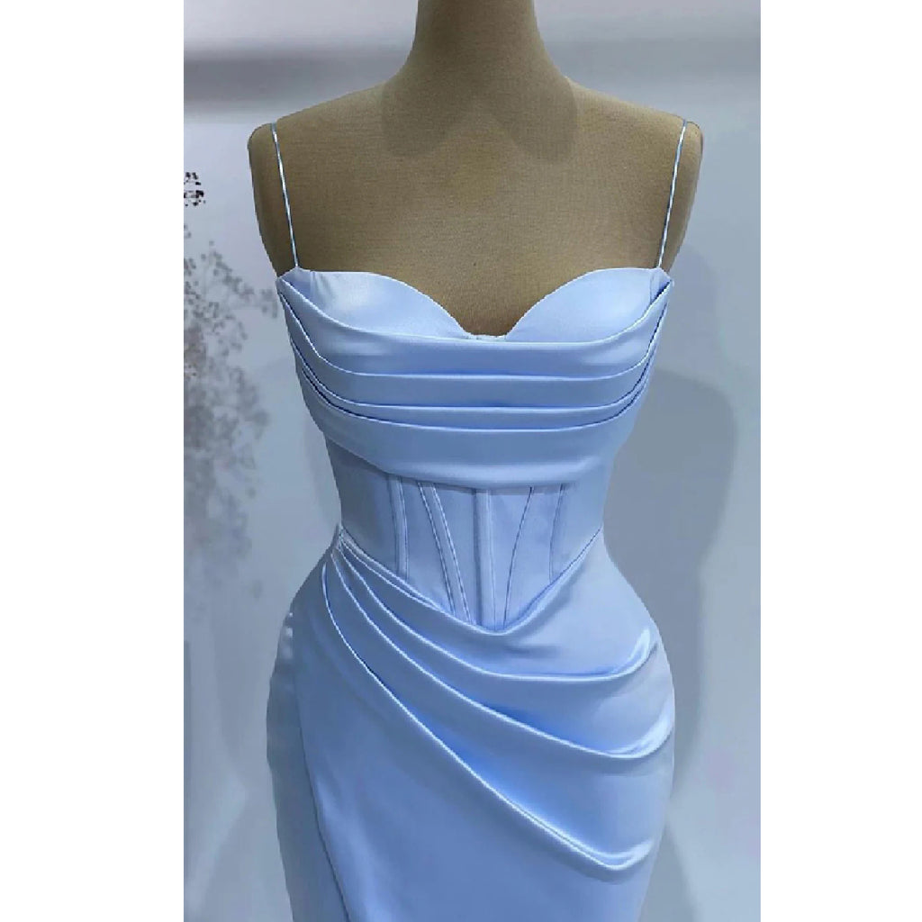 Elegant Spaghetti Straps Mermaid Side Slit Satin Long Sky Blue Bridesmaid Dresses Online, BG613