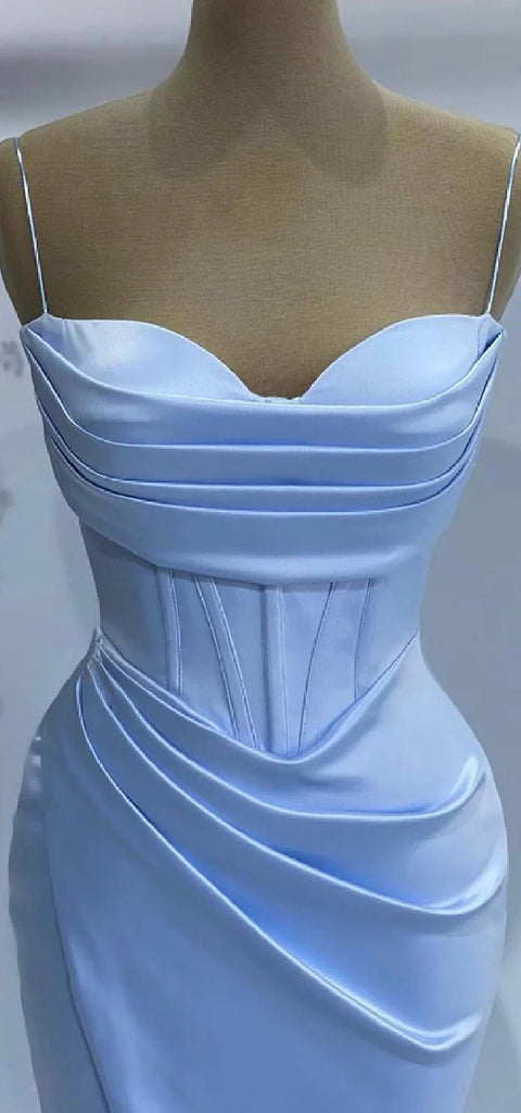 Elegant Spaghetti Straps Mermaid Side Slit Satin Long Sky Blue Bridesmaid Dresses Online, BG613