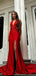 Elegant V-neck Mermaid Side Slit Satin Red Long Bridesmaid Dresses Online, BG815