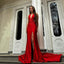 Elegant V-neck Mermaid Side Slit Satin Red Long Bridesmaid Dresses Online, BG815