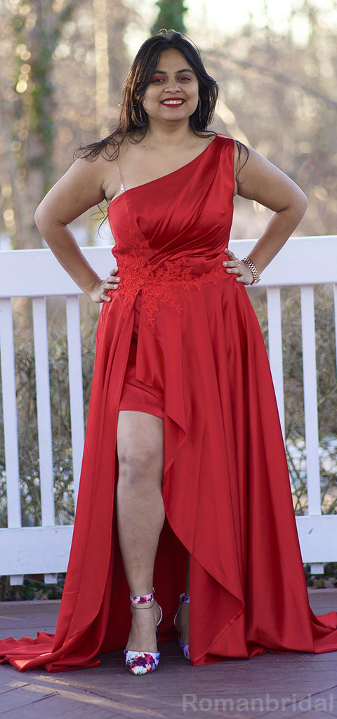 Elegant One Shoulder A-line Side Slit Red Satin Bridesmaid Dresses Online, BG486