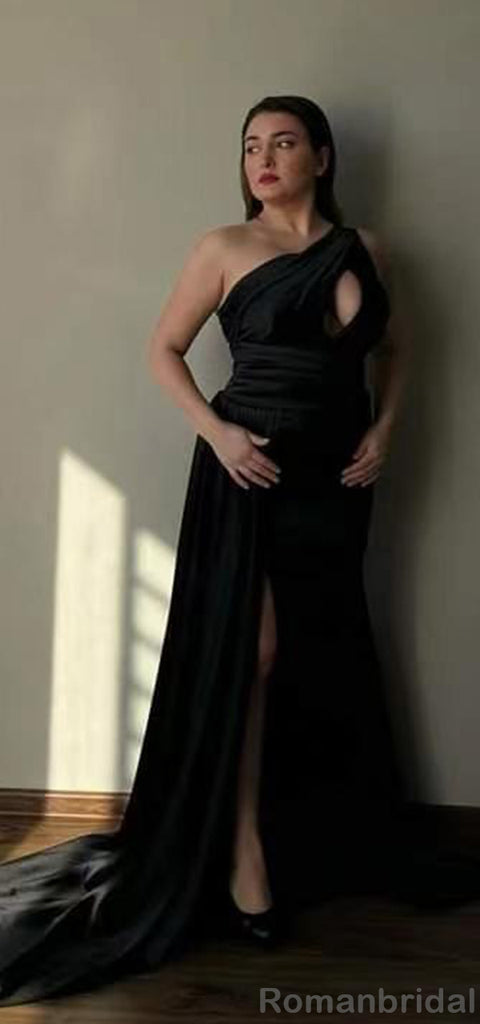 Elegant One Shoulder Mermaid Side Slit Black Satin Bridesmaid Dresses with Trailing, BG423