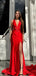 Elegant V-neck Mermaid Side Slit Satin Red Long Bridesmaid Dresses Online, BG815