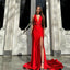 Elegant V-neck Mermaid Side Slit Satin Red Long Bridesmaid Dresses Online, BG815