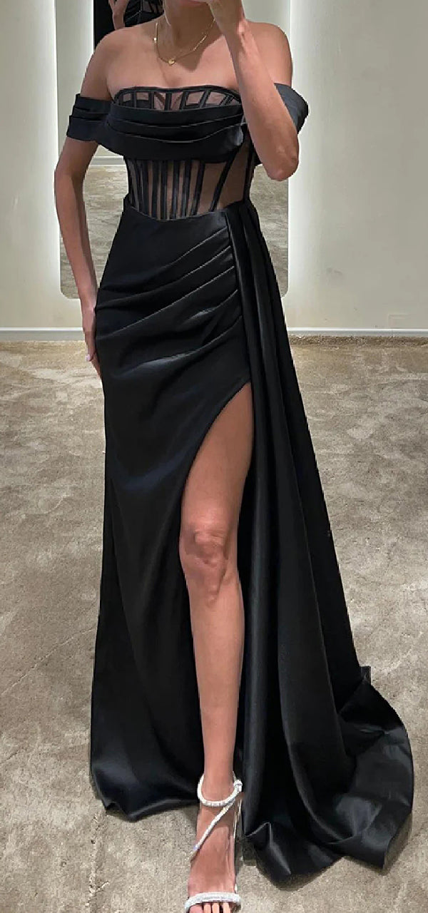 Elegant Off Shoulder Side Slit Black Satin Bridesmaid Dresses with Tra ...