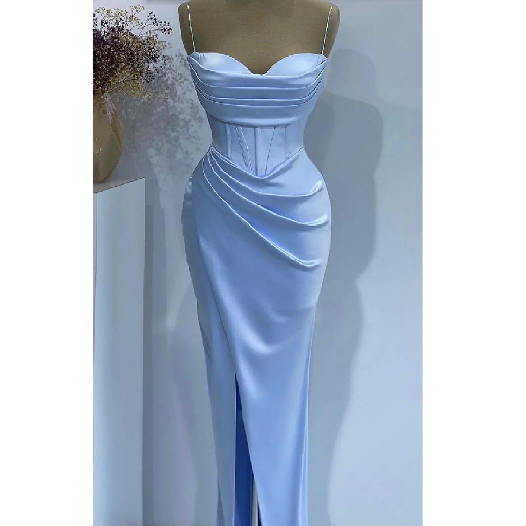 Elegant Spaghetti Straps Mermaid Side Slit Satin Long Sky Blue Bridesmaid Dresses Online, BG613