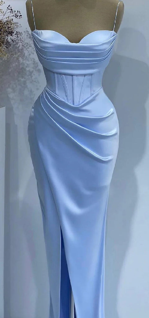 Elegant Spaghetti Straps Mermaid Side Slit Satin Long Sky Blue Bridesmaid Dresses Online, BG613