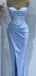 Elegant Spaghetti Straps Mermaid Side Slit Satin Long Sky Blue Bridesmaid Dresses Online, BG613