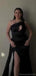 Elegant One Shoulder Mermaid Side Slit Black Satin Bridesmaid Dresses with Trailing, BG423