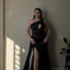 Elegant One Shoulder Mermaid Side Slit Black Satin Bridesmaid Dresses with Trailing, BG423