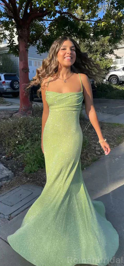 Simple Sparkly Spaghetti Straps Mermaid Lime Green Long Evening Prom Dress Online, OL153