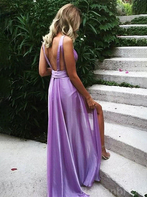 Elegant V-neck A-line Lilac Long Evening Prom Dress with Side Slit, OL123