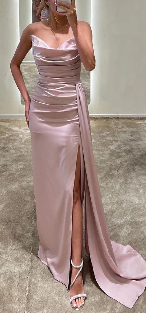 Elegant V-neck Mermaid Side Slit Sage Satin Bridesmaid Dresses with Trailing, BG575