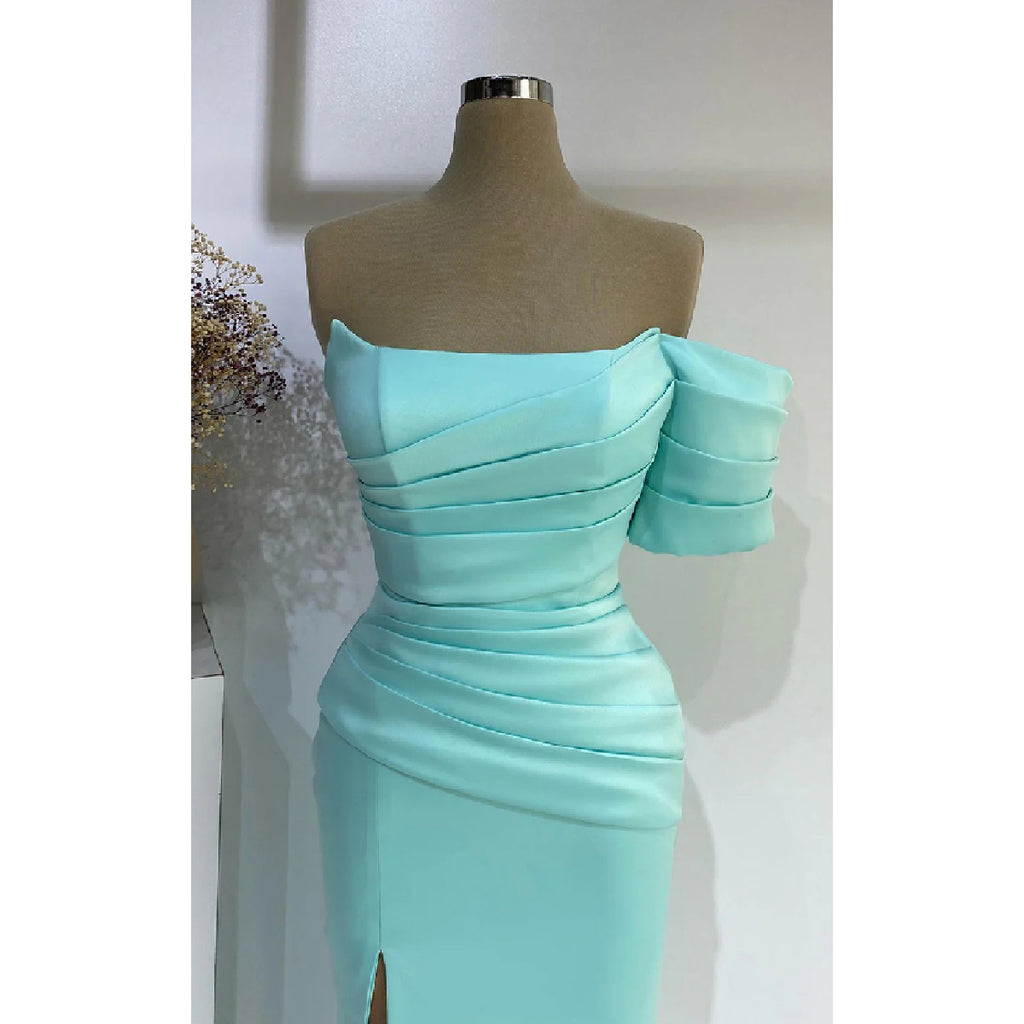 Elegant Off Shoulder Mermaid Side Slit Satin Long Bridesmaid Dresses Online, BG614