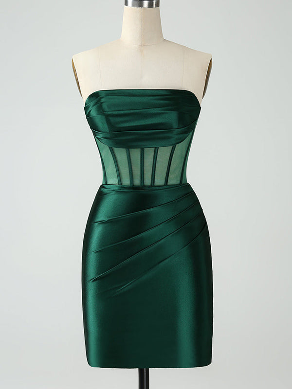 Elegant Straight Neck Dark Green Mermaid Satin Short Homecoming Dresses Online, HD0758