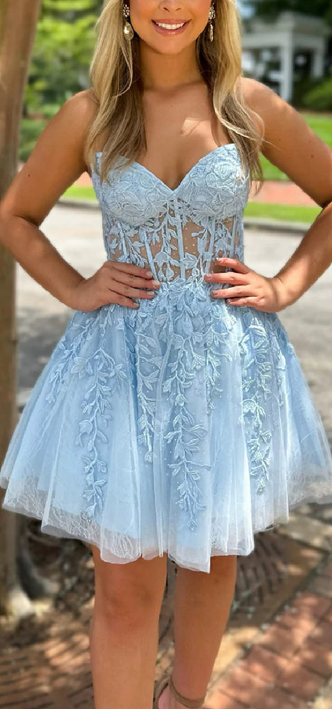 Elegant V-neck A-line Tulle Applique Short Homecoming Dresses Online, HD0655