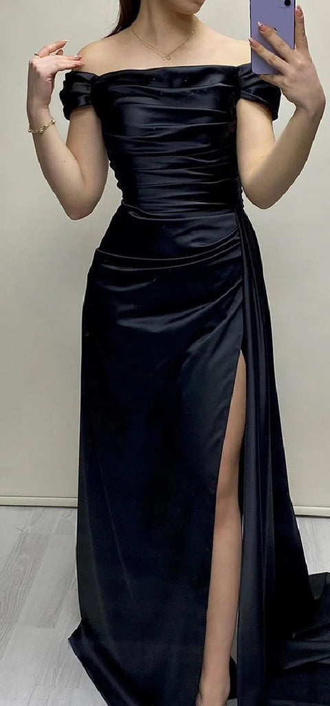 Elegant Satin Off Shoulder Mermaid Side Slit Black Long Bridesmaid Dresses Online, BG638