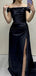 Elegant Satin Off Shoulder Mermaid Side Slit Black Long Bridesmaid Dresses Online, BG638