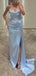 Elegant V-neck Mermaid Side Slit Sage Satin Bridesmaid Dresses with Trailing, BG575