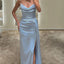 Elegant V-neck Mermaid Side Slit Sage Satin Bridesmaid Dresses with Trailing, BG575