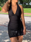 Elegant V-neck Halter Mermaid Satin Black Backless Short Homecoming Dresses Online, HD0660