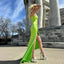 Elegant Spaghetti Straps V-neck Mermaid Side Slit Lime Green Satin Bridesmaid Dresses Online, BG476