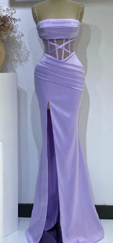 Elegant Illusion Spaghetti Straps Mermaid Side Slit Satin Long Bridesmaid Dresses Online, BG615