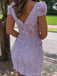 Elegant Short Sleeves Square Neck Mermaid Applique Lilac Short Homecoming Dresses Online, HD0659