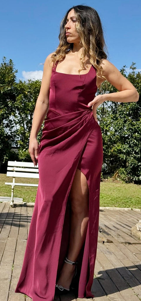 Elegant Square Neck Mermaid Satin Burgundy Side Slit Bridesmaid Dresses Online, BG800