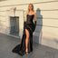 Elegant V-neck Mermaid Side Slit Satin Black Long Bridesmaid Dresses Online, BG818