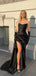 Elegant V-neck Mermaid Side Slit Satin Black Long Bridesmaid Dresses Online, BG818