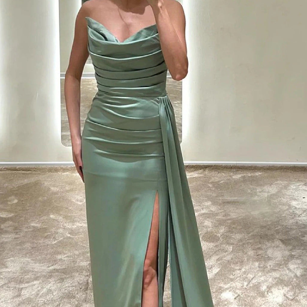 Elegant V-neck Mermaid Side Slit Sage Satin Bridesmaid Dresses with Trailing, BG575