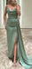 Elegant V-neck Mermaid Side Slit Sage Satin Bridesmaid Dresses with Trailing, BG575