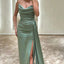 Elegant V-neck Mermaid Side Slit Sage Satin Bridesmaid Dresses with Trailing, BG575