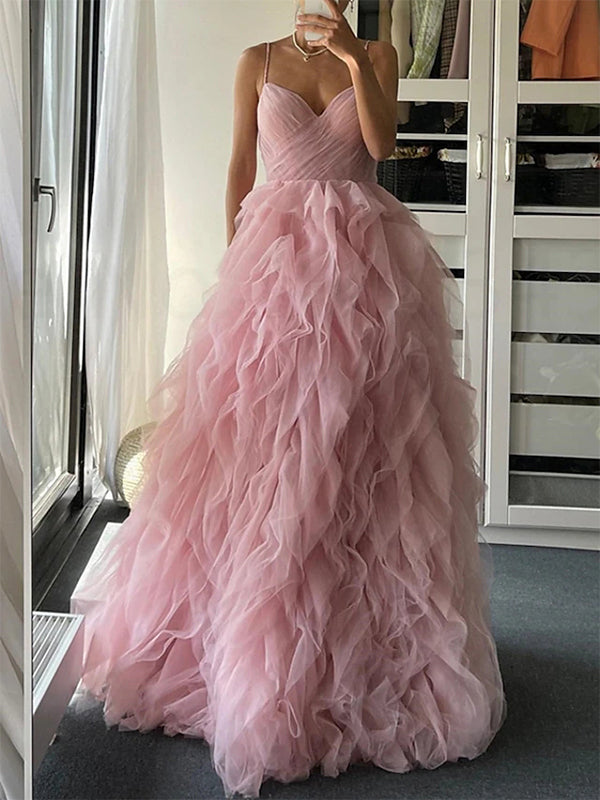 Gorgeous Spaghetti Straps V-neck A-line Tulle Long Prom Dress Online, OL266