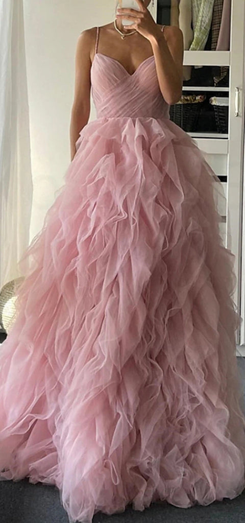 Gorgeous Spaghetti Straps V-neck A-line Tulle Long Prom Dress Online, OL266