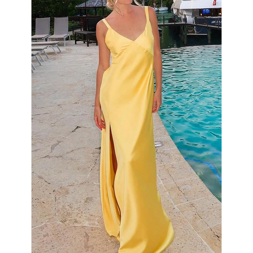 Elegant V-neck Spaghetti Straps Side Slit Column Satin Lemon Bridesmaid Dresses Online, BG790